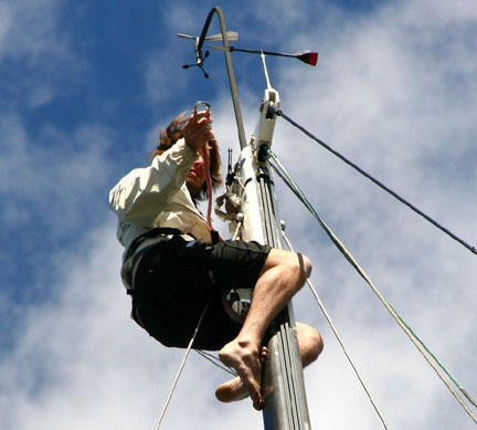 Eric (Buster) Heim checks Scout Spirit’s rigging before the start - 2007 Marina Del Rey to Puerto Vallarta © Rich Roberts http://www.UnderTheSunPhotos.com